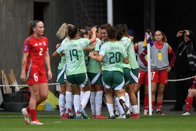 030625 - Wales Women v Italy Women - UEFA Women's Nations League - Cristina Girelli of Italy Women celebrates scoring a goal with team mates