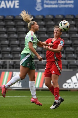 030625 - Wales Women v Italy Women - UEFA Women's Nations League - Hayley Ladd of Wales Women heads on goal