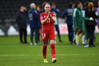 030625 - Wales Women v Italy Women - UEFA Women's Nations League - Rachel Rowe of Wales Women applauding fans at full time