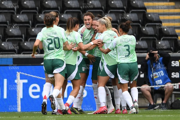 030625 - Wales Women v Italy Women - UEFA Women's Nations League - Elena Linari of Italy Women scores the first goal of the game and celebrates with team mates