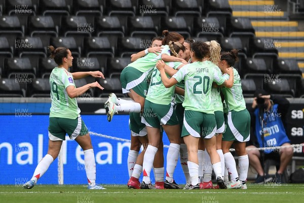030625 - Wales Women v Italy Women - UEFA Women's Nations League - Elena Linari of Italy Women scores the first goal of the game and celebrates with team mates