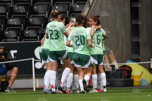 030625 - Wales Women v Italy Women - UEFA Women's Nations League - Cristina Girelli of Italy Women celebrates scoring a goal with team mates