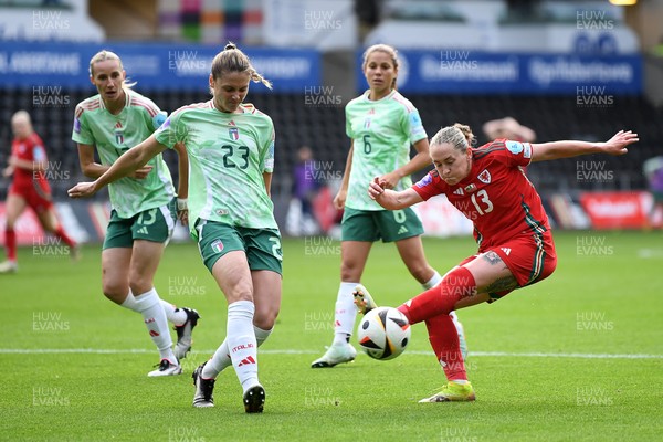 030625 - Wales Women v Italy Women - UEFA Women's Nations League - Rachel Rowe of Wales Women has a shot at goal