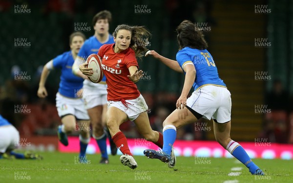 110318 - Wales Women v Italy Women - Natwest 6 Nations Championship - Jaz Joyce of Wales is tackled by Manuela Furlan of Italy