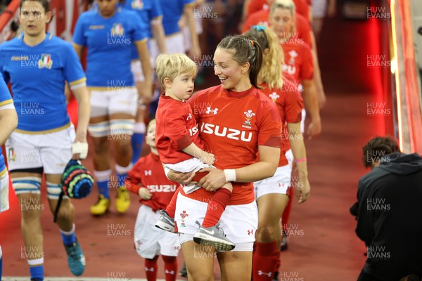 110318 - Wales Women v Italy Women - Natwest 6 Nations Championship - Jade Knight of Wales with her son