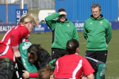 21.03.10 Wales v Italy - Womens' 6 Nations Championship - Wales coach Jason Lewis(L) & backs coach Dan Cottrell oversee the warm-up as Wales prepare to take on Italy.  