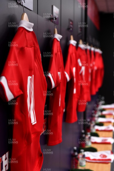 300422 - Wales Women v Italy Women - TikTok Women's Six Nations - Wales jerseys hang in the dressing room