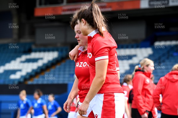 300422 - Wales Women v Italy Women - TikTok Women's Six Nations - Lleucu George and Robyn Wilkins of Wales at the end of the game