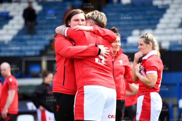 300422 - Wales Women v Italy Women - TikTok Women's Six Nations - Gwenllian Pyrs and Donna Rose of Wales at the end of the game