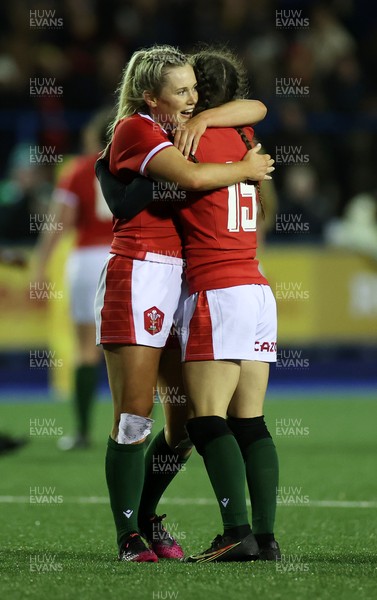 071121 - Wales Women v Japan Women - Autumn international - Megan Webb and Jasmine Joyce of Wales celebrate at full time