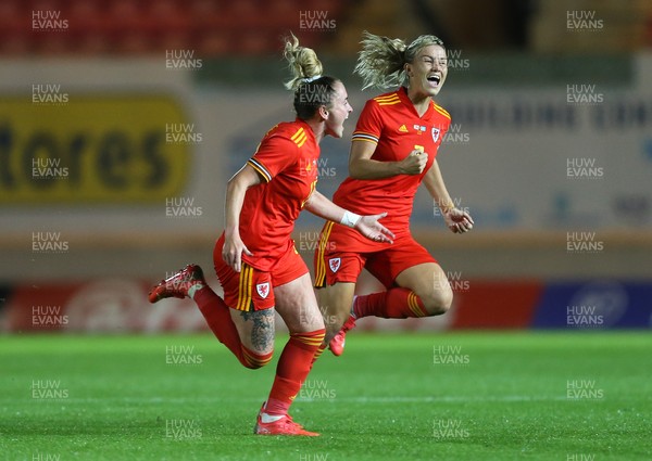 170921 - Wales Women v Kazakhstan Women, FIFA Women’s World Cup 2023 Qualifying Round - Rachel Rowe of Wales celebrates with Gemma Evans of Wales after she scores the third goal
