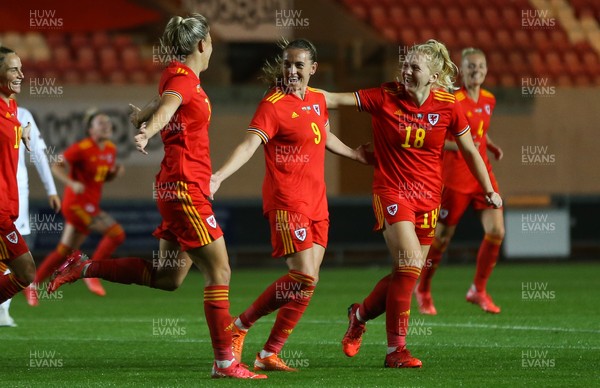 170921 - Wales Women v Kazakhstan Women, FIFA Women’s World Cup 2023 Qualifying Round - Kayleigh Green of Wales, centre, celebrates with Gemma Evans of Wales and Ceri Holland of Wales after scoring the fourth goal