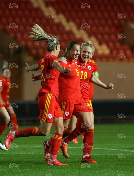 170921 - Wales Women v Kazakhstan Women, FIFA Women’s World Cup 2023 Qualifying Round - Kayleigh Green of Wales, centre, celebrates with Gemma Evans of Wales and Ceri Holland of Wales after scoring the fourth goal