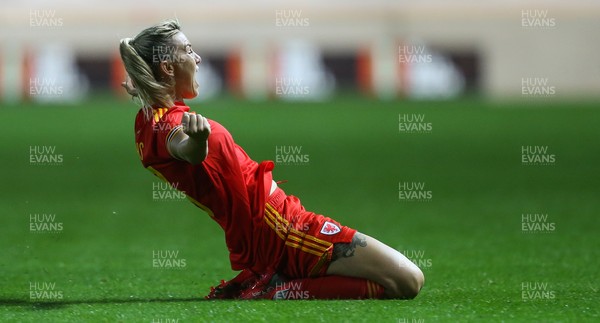 170921 - Wales Women v Kazakhstan Women, FIFA Women’s World Cup 2023 Qualifying Round - Gemma Evans of Wales races away to celebrate after scoring the fifth goal