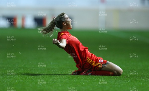 170921 - Wales Women v Kazakhstan Women, FIFA Women’s World Cup 2023 Qualifying Round - Gemma Evans of Wales races away to celebrate after scoring the fifth goal