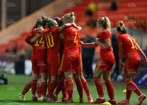 170921 - Wales Women v Kazakhstan Women, FIFA Women’s World Cup 2023 Qualifying Round - Gemma Evans of Wales celebrates with team mates after scoring the fifth goal