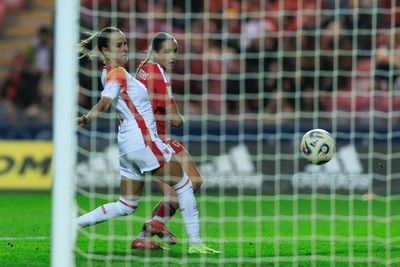 070326 - Wales v Montenegro - 2027 FIFA Women's World Cup Qualifying - Mared Griffiths of Wales scores a goal
