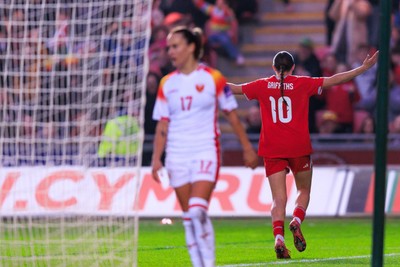 070326 - Wales v Montenegro - 2027 FIFA Women's World Cup Qualifying - Mared Griffiths of Wales celebrates after scoring a goal