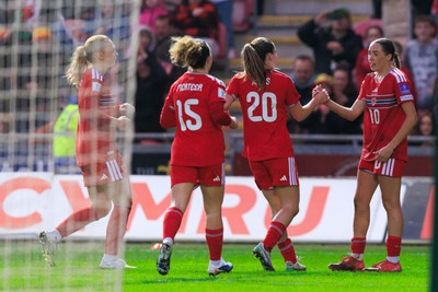 070326 - Wales v Montenegro - 2027 FIFA Women's World Cup Qualifying - Mared Griffiths of Wales celebrates after scoring a goal