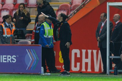 070326 - Wales v Montenegro - 2027 FIFA Women's World Cup Qualifying - Wales manager Rhian Wilkinson gestures on the touchline