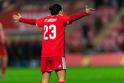 070326 - Wales v Montenegro - 2027 FIFA Women's World Cup Qualifying - Ffion Morgan of Wales reacts