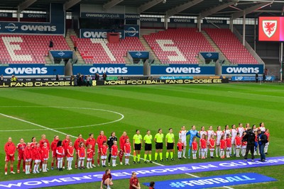 070326 - Wales v Montenegro - 2027 FIFA Women's World Cup Qualifying - Teams line up for the anthems