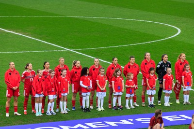 070326 - Wales v Montenegro - 2027 FIFA Women's World Cup Qualifying - Wales line up for the anthems