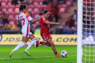 070326 - Wales v Montenegro - 2027 FIFA Women's World Cup Qualifying - Mared Griffiths of Wales shoots and scores a goal