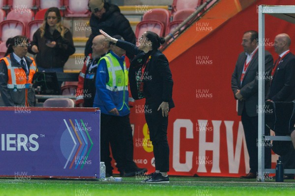 070326 - Wales v Montenegro - 2027 FIFA Women's World Cup Qualifying - Wales manager Rhian Wilkinson gestures on the touchline