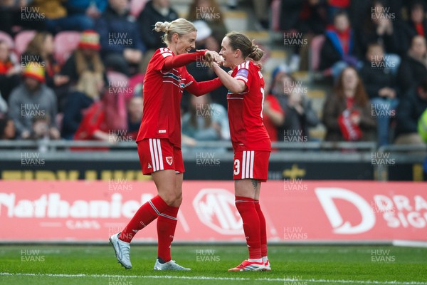 070326 - Wales v Montenegro - 2027 FIFA Women's World Cup Qualifying - Sophie Ingle of Wales celebrates with Rachel Rowe after scoring a goal