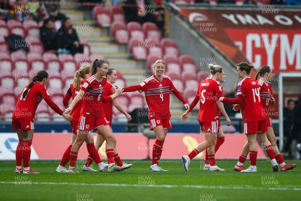 070326 - Wales v Montenegro - 2027 FIFA Women's World Cup Qualifying - Sophie Ingle of Wales celebrates with Rachel Rowe after scoring a goal