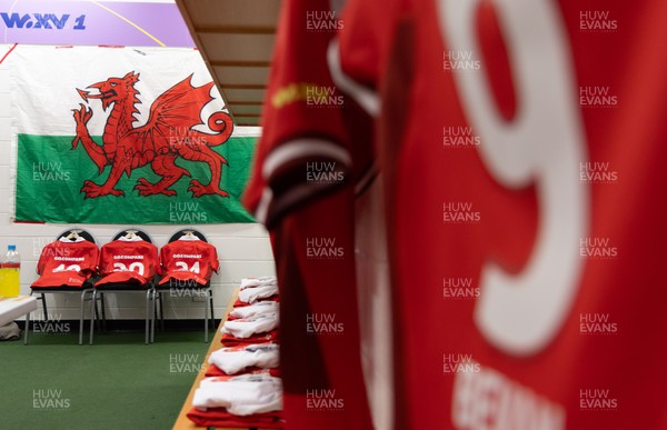 281023 - Wales Women v New Zealand Women, WXV1 - Wales match shirts hang in the changing room ahead of Wales v New Zealand in Dunedin
