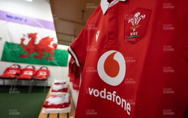 281023 - Wales Women v New Zealand Women, WXV1 - Wales match shirts hang in the changing room ahead of Wales v New Zealand in Dunedin
