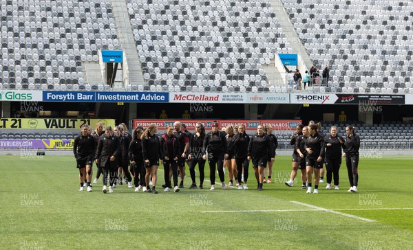281023 - Wales Women v New Zealand Women, WXV1 - The Wales team walk out on the pitch ahead of Wales v New Zealand in Dunedin