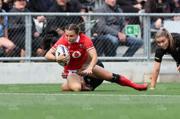 281023 - Wales Women v New Zealand Women, WXV1 - Jasmine Joyce of Wales is tackled as she takes the ball