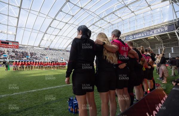 281023 - Wales Women v New Zealand Women, WXV1 - Management and players line up for the anthems