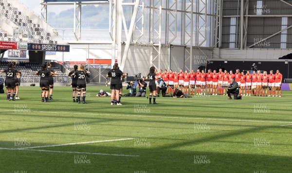 281023 - Wales Women v New Zealand Women, WXV1 - The Wales team face the Haka at the start of the match