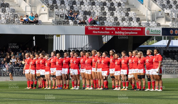 281023 - Wales Women v New Zealand Women, WXV1 - The Wales team face the Haka at the start of the match