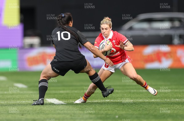 281023 - Wales Women v New Zealand Women, WXV1 - Keira Bevan of Wales takes on Ruahei Demant of New Zealand