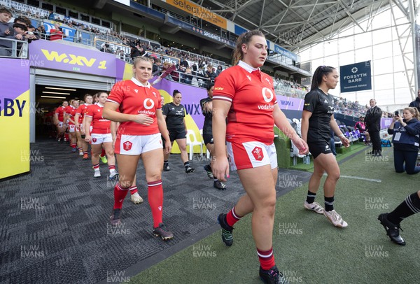 281023 - Wales Women v New Zealand Women, WXV1 - Gwenllian Pyrs of Wales walks out at the start of the match