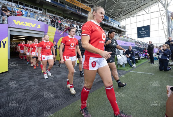 281023 - Wales Women v New Zealand Women, WXV1 - Carys Williams-Morris of Wales walks out at the start of the match