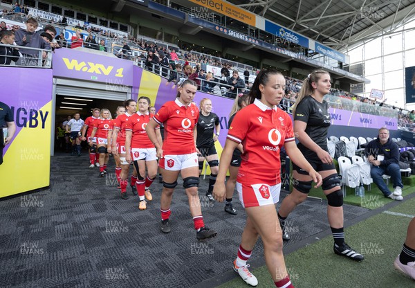 281023 - Wales Women v New Zealand Women, WXV1 - Meg Davies of Wales walks out at the start of the match