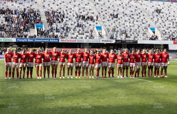 281023 - Wales Women v New Zealand Women, WXV1 - The Wales team line up for the anthems at the start of the match