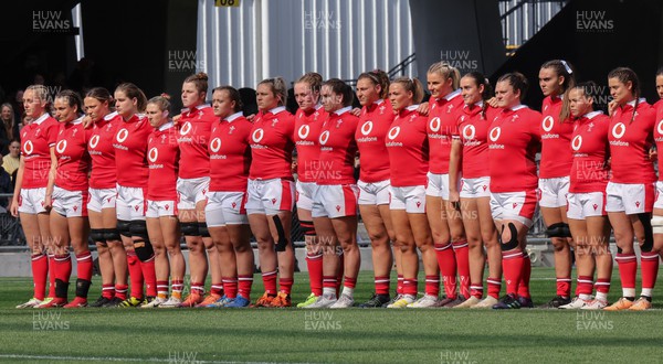 281023 - Wales Women v New Zealand Women, WXV1 - The Wales team lineup to face the Haka