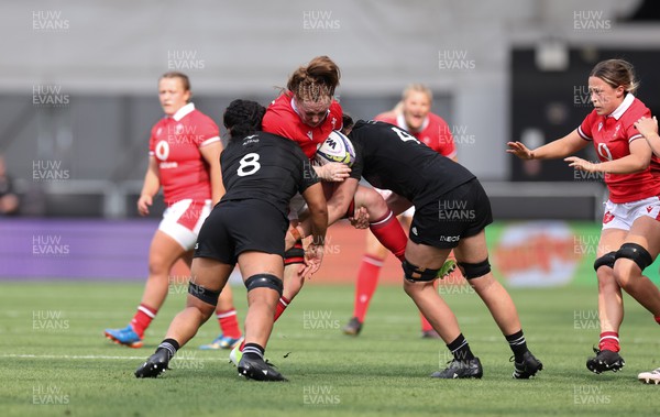 281023 - Wales Women v New Zealand Women, WXV1 -  Abbie Fleming of Wales takes on Maiakawanakaulani Roos of New Zealand and Liana Mikaele-Tu’u of New Zealand