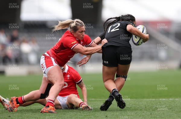 281023 - Wales Women v New Zealand Women, WXV1 - Hannah Bluck of Wales tackles Logo-I-Pulotu Lemapu Atai'i of New Zealand