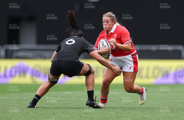 281023 - Wales Women v New Zealand Women, WXV1 - Kelsey Jones of Wales takes on Layla Sae of New Zealand