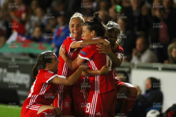 030919 - Wales v Northern Ireland - European Women's Championship - Group Stage -  Kayleigh Green of Wales celebrates her goal with team mates 
