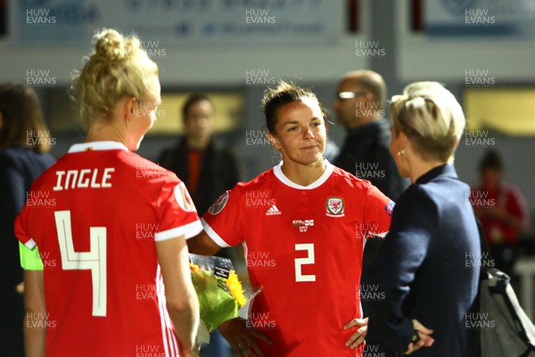 030919 - Wales v Northern Ireland - European Women's Championship - Group Stage -  A dejected Loren Dykes of Wales chats with Jess Fishlock after the final whistle