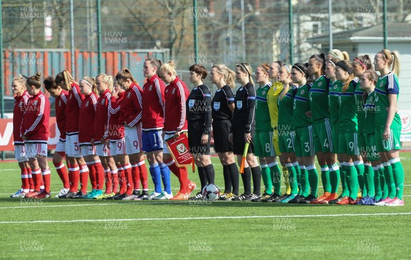 070417 - Wales Women v Northern Ireland Women, International Friendly  - The teams line up for the anthems at the start of the match